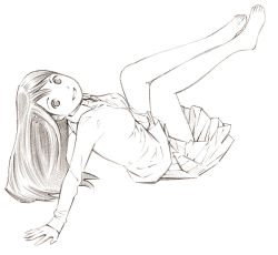 Rule 34 | 1girl, barefoot, long hair, monochrome, sketch, skirt, solo, traditional media, yoshitomi akihito