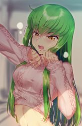 Rule 34 | 1girl, aran sweater, breasts, brown eyes, c.c., cable knit, clothes lift, code geass, creayus, green hair, long hair, medium breasts, midriff, navel, open mouth, sidelocks, sleeves past wrists, solo, sweater, sweater lift, tearing up, tears, turtleneck