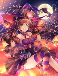 Rule 34 | 1girl, arm strap, asymmetrical legwear, black gloves, blue eyes, bow, breasts, brown hair, choker, cleavage, drill hair, floating hair, food-themed hair ornament, full moon, gloves, grin, hair ornament, halloween, halloween costume, halterneck, hat, hat bow, highres, kitazume kumie, kizuna ai, kizuna ai inc., long hair, looking at viewer, medium breasts, moon, orange bow, pink bow, pumpkin hair ornament, purple hat, single thighhigh, sitting, sky, smile, solo, star (sky), starry sky, striped bow, striped clothes, striped thighhighs, swept bangs, thighhighs, twin drills, twintails, uneven legwear, very long hair, virtual youtuber, witch hat