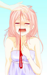Rule 34 | 1girl, :o, absurdres, ahoge, alternate costume, aqua background, arm at side, bare arms, bare shoulders, blue background, blue dress, blush, breasts, clenched hand, closed eyes, collarbone, crying, dress, female focus, gradient background, hand on own chest, highres, just be friends (vocaloid), long hair, medium breasts, megurine luka, open mouth, pink hair, ribbon, round teeth, see-through, sobbing, solo focus, strapless, strapless dress, string, string of fate, tears, teeth, vocaloid