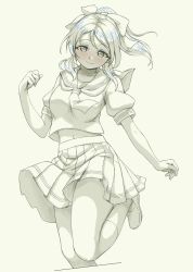 Rule 34 | 1girl, ayase eli, blush, bow, closed mouth, commentary, cropped legs, english commentary, grey background, greyscale, hair bow, hand up, love live!, love live! school idol project, midriff peek, monochrome, navel, necktie, pas (paxiti), pleated skirt, ponytail, school uniform, serafuku, shirt, shoes, short sleeves, simple background, skirt, smile, socks, solo, spot color, standing, standing on one leg