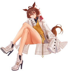 Rule 34 | 1girl, absurdres, agnes tachyon (umamusume), ahoge, animal ears, bare legs, black necktie, brown hair, closed mouth, coat, crossed legs, full body, hair between eyes, high heels, highres, horse ears, horse girl, horse tail, legs, long sleeves, necktie, no legwear, open clothes, open coat, red eyes, short hair, simple background, sitting, sleeves past fingers, sleeves past wrists, solo, sweater, tail, test tube, umamusume, white background, white coat, white footwear, yellow sweater, z.boat