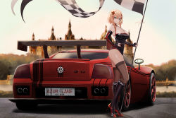 Rule 34 | 1girl, absurdres, azur lane, backless leotard, blonde hair, breasts, brown eyes, car, character name, checkered flag, cleavage, commentary request, copyright name, flag, hand on own hip, highres, holding, holding flag, holding pole, kcar66t, large breasts, leotard, license plate, looking at viewer, motor vehicle, multicolored hair, outdoors, pole, race queen, red hair, roon (azur lane), roon (muse) (azur lane), short hair, solo, spoiler (automobile), sports car, standing, streaked hair, tail lights, vehicle focus, vehicle request, volkswagen, volkswagen w12