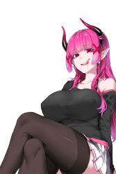 Rule 34 | 1girl, blunt bangs, breasts, commentary request, crossed legs, drooling, highres, horns, large breasts, long hair, long sleeves, looking at viewer, mole, mole under mouth, original, parted lips, pink eyes, pink hair, pointy ears, saliva, simple background, skirt, solo, teeth, thighhighs, tongue, tongue out, white background, xiangzi box