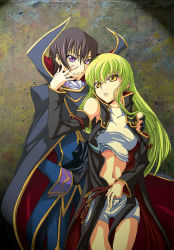 Rule 34 | 1boy, 1girl, bad id, bad pixiv id, black gloves, black hair, black sleeves, blue pants, c.c., code geass, crop top, detached sleeves, floating hair, gloves, green hair, hair between eyes, hand on another&#039;s shoulder, hand under clothes, hand under shorts, lelouch vi britannia, long hair, long sleeves, midriff, navel, no-ch, pants, parted lips, purple eyes, short shorts, shorts, standing, stomach, uniform, very long hair, white shorts, yellow eyes