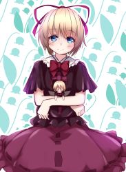 Rule 34 | blonde hair, blue eyes, blush, bow, bowtie, bubble skirt, crossed arms, doll, dress, hair ribbon, highres, holding, holding doll, looking at viewer, medicine melancholy, pokio, purple dress, red bow, red bowtie, ribbon, sitting, skirt, smile, su-san, touhou