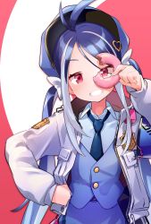 Rule 34 | 1girl, ahoge, blue archive, blue hair, breasts, commentary request, doughnut, food, fubuki (blue archive), grin, hair ornament, hat, highres, jacket, looking at viewer, necktie, red eyes, simple background, small breasts, smile, solo, twintails, uniform