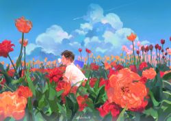 Rule 34 | 1boy, bad id, bad twitter id, blue sky, bug, butterfly, cloud, cloudy sky, day, field, flower, flower field, insect, insect on nose, kuribulb, leaf, male focus, orange flower, original, outdoors, pink flower, plant, red flower, shirt, short sleeves, signature, sky, solo, white shirt, wide shot