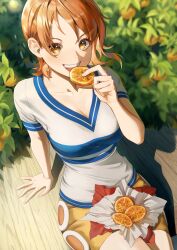 Rule 34 | 1girl, absurdres, arm support, asymmetrical bangs, blue shirt, breasts, collarbone, commentary, day, eating, food, fruit, hair behind ear, hand up, highres, holding, holding food, holding fruit, large breasts, looking at viewer, miniskirt, nami (one piece), one piece, open mouth, orange (fruit), orange eyes, orange hair, orange slice, outdoors, revision, shadow, shirt, short sleeves, sitting, skirt, smile, solo, teeth, two-tone shirt, upper teeth only, white shirt, yellow skirt, yoshiyoshiwa