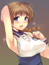 Rule 34 | 1girl, ahoge, arm up, armpit hair, armpits, blue eyes, blush, braid, breasts, brown hair, em, eyebrows, hair tie, long hair, lynette bishop, open mouth, simple background, single braid, sleeveless, solo, strike witches, world witches series, wristband