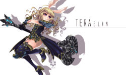 Rule 34 | 1girl, 96neko mtm, animal ears, armor, axe, bad id, bad pixiv id, blonde hair, boots, rabbit ears, dress, elin, fighting stance, gloves, high heels, huge weapon, long hair, looking back, open mouth, purple eyes, shadow, showgirl skirt, simple background, solo, tera online, thigh boots, thighhighs, weapon, white background, zettai ryouiki
