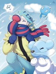 Rule 34 | 1boy, blue footwear, blue mittens, boots, closed eyes, cold, commentary request, creatures (company), cubchoo, day, eyelashes, game freak, gen 3 pokemon, gen 5 pokemon, green hair, green pants, grusha (pokemon), highres, jacket, male focus, min (myna8247), mittens, nintendo, outdoors, outline, pants, pokemon, pokemon (creature), pokemon sv, scarf, scarf over mouth, signature, snowing, swablu, trembling, wind, yellow jacket