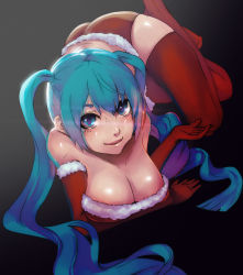 Rule 34 | 1g no izumi, 1girl, aqua eyes, aqua hair, black background, breasts, cleavage, colorized, elbow gloves, gloves, hatsune miku, highres, long hair, red thighhighs, santa costume, short shorts, shorts, simple background, smile, solo, thighhighs, twintails, vocaloid