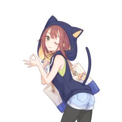 Rule 34 | animal hood, blue hoodie, brown hair, cat hood, green eyes, hood, hoodie, looking at viewer, medium hair, official art, ok sign, one eye closed, pantyhose, princess connect!, short shorts, shorts, tachi-e, tail, tamaki (princess connect!), tamaki (real) (princess connect!), transparent background