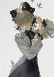 Rule 34 | 1girl, ace attorney, black bow, blonde hair, blue eyes, blunt bangs, bow, bug, butterfly, closed mouth, coat, grey background, hair bow, highres, insect, lab coat, liyuliyuzhou, long sleeves, looking at viewer, maria gorey, simple background, solo, standing, the great ace attorney, the great ace attorney 2: resolve, white coat