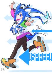 Rule 34 | 1girl, @ @, absurdres, ahoge, animal ears, arm up, arrow (symbol), artist logo, blue eyes, blue hair, boots, bow, brown pantyhose, commentary request, crossed bangs, double v, drawstring, drop shadow, from side, full body, hair bow, heterochromia, highres, hood, hoodie, horse ears, horse girl, horse tail, leg up, long hair, long sleeves, looking at viewer, multicolored clothes, multicolored hoodie, open mouth, outline, outstretched arms, pantyhose, purple eyes, sharp teeth, sidelocks, solo, stuffed animal, stuffed rabbit, stuffed toy, tail, teeth, twin turbo (umamusume), twintails, umamusume, upper teeth only, v, white background, white outline, yb norio, yellow footwear