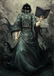Rule 34 | 1girl, akakatta, book, clenched hand, dark, faceless, faceless male, fantasy, female focus, glowing, glowing eyes, gradient background, holding, holding book, hood, necromancer, robe, shaded face, solo, tattoo, tendrils, wizard