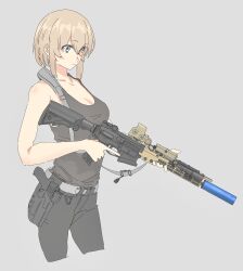 Rule 34 | 1girl, absurdres, bare arms, bare shoulders, black pants, black tank top, breasts, cleavage, closed mouth, collarbone, commentary request, cropped legs, grey background, grey eyes, gun, hair between eyes, highres, holding, holding gun, holding weapon, light brown hair, medium breasts, original, pants, short hair, simple background, solo, soutou nagi, suppressor, tank top, trigger discipline, weapon, weapon request