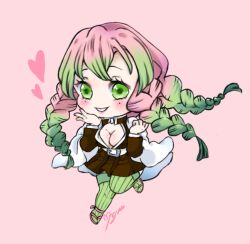 Rule 34 | 1girl, black jacket, black skirt, blush, breasts, brown jacket, brown skirt, capelet, chibi, cleavage, commentary, demon slayer uniform, english commentary, full body, gakuran, gradient hair, green eyes, green hair, green thighhighs, hand on own cheek, hand on own face, heart, highres, jacket, kanroji mitsuri, kimetsu no yaiba, large breasts, lips, long hair, long sleeves, mole, mole under eye, momoiro chii, multicolored hair, open mouth, pink background, pink footwear, pink hair, pleated skirt, school uniform, simple background, skirt, solo, teeth, thighhighs, white capelet