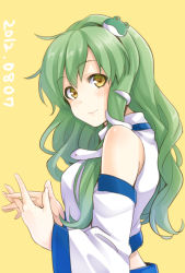 Rule 34 | 1girl, bare shoulders, courreges ace, dated, detached sleeves, female focus, frog hair ornament, green eyes, green hair, hair ornament, kochiya sanae, long hair, looking back, matching hair/eyes, own hands together, solo, touhou, yellow background