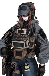 Rule 34 | 1girl, absurdres, assault rifle, bags under eyes, baseball cap, brown gloves, brown hair, buckle, censored, censored weapon, denim, gloves, grey jacket, gtrl13, gun, hat, headset, highres, jacket, jeans, load bearing vest, magazine (weapon), original, pants, radio, red eyes, rifle, scissors, scribble censor, snap-fit buckle, solo, taped magazines, trigger discipline, weapon