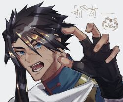 Rule 34 | 1boy, black hair, blonde hair, blue eyes, chinese clothes, claw pose, dark-skinned male, dark skin, facial scar, fate/grand order, fate (series), fingerless gloves, front ponytail, gloves, hair between eyes, haruakira, highres, huang feihu (fate), long hair, looking at viewer, male focus, multicolored hair, open mouth, portrait, scar, scar on cheek, scar on face, scar on nose, solo, streaked hair, thick eyebrows, translation request