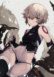 Rule 34 | 1girl, armpit crease, bad id, bad pixiv id, bandaged arm, bandages, bare shoulders, black gloves, black panties, black thighhighs, black vest, blurry, blurry background, blush, buckle, commentary, cowboy shot, dagger, dutch angle, fate/grand order, fate (series), fingerless gloves, fingernails, flat chest, gloves, gluteal fold, green eyes, grey hair, hair between eyes, highres, holding, holding weapon, jack the ripper (fate/apocrypha), knife, looking at viewer, navel, no pants, panties, parted lips, pouch, saika ryougi, scar, scar across eye, scar on face, short hair, shoulder tattoo, skindentation, solo, stomach, tattoo, thigh gap, thighhighs, underwear, vest, weapon