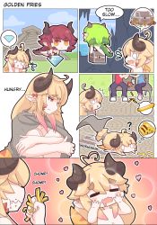 Rule 34 | :3, absurdres, ahoge, belly, bench, blank eyes, blonde hair, blush stickers, chibi, comic, diamond (gemstone), doggopancake, dragon girl, dragon horns, dragon tail, dragon wings, drooling, eating, closed eyes, fang, flying sweatdrops, food, french fries, grass, heart, heart ahoge, highres, horns, hugging own legs, long hair, low-tied long hair, moe (phrase), orange eyes, original, plump, pointy ears, red eyes, scales, short hair, sitting, skin fang, sound effects, speech bubble, tail, tears, treasure chest, triangle mouth, wings