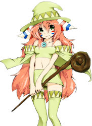 Rule 34 | 1girl, bandeau, bare shoulders, cape, facial mark, fantasy, green eyes, hair ornament, hat, horns, long hair, midriff, miniskirt, navel, orange hair, panties, simple background, skirt, solo, staff, strapless, thighhighs, tube top, underwear, v arms, witch, witch hat, yukari (konekonekozou)