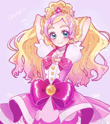 Rule 34 | 1girl, arms behind head, blonde hair, bow, closed mouth, collarbone, cure flora, dot nose, earrings, flower, flower brooch, flower earrings, flower necklace, go! princess precure, green eyes, hair ornament, happy birthday, haruno haruka, jewelry, long hair, magical girl, multicolored hair, namo (namo suuun), necklace, pink background, pink bow, pink hair, pink skirt, pink theme, precure, puffy sleeves, signature, simple background, skirt, smile, solo, streaked hair, thick eyebrows, two-tone hair, waist bow, waist brooch