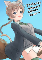 Rule 34 | 1girl, absurdres, animal ears, black jacket, black ribbon, blazer, blue background, blue eyes, bow, bow panties, braid, braided ponytail, broom, broom riding, brown hair, cat ears, cat tail, commentary request, copyright name, crotch seam, dress shirt, english text, green necktie, green thighhighs, grey sweater, hair ribbon, hair tie, highres, jacket, long hair, long sleeves, looking at viewer, lynette bishop, necktie, no pants, open clothes, open jacket, open mouth, panties, ribbon, rin mokkomoko, shirt, simple background, single braid, smile, solo, strike witches, sweater, tail, thighhighs, underwear, v-neck, white panties, white shirt, wing collar, world witches series