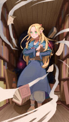 Rule 34 | 1girl, absurdres, asuka-w, blue capelet, blue robe, book, braid, capelet, choker, dungeon meshi, elf, highres, holding, holding book, hood, hooded capelet, indoors, library, long hair, looking at viewer, marcille donato, monster, multiple braids, pointy ears, red choker, robe, solo, standing, wind
