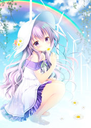 Rule 34 | 1girl, bare shoulders, barefoot, blue sky, blush, cloud, commentary request, day, dress, female focus, flower, frilled dress, frills, full body, hair between eyes, hat, hat flower, highres, holding, holding flower, long hair, off-shoulder dress, off shoulder, original, outdoors, purple eyes, purple hair, rainbow, red flower, ribbon, shirogane hina, sky, solo, squatting, sun hat, very long hair, white dress, white flower, white hat, white ribbon, wind turbine, windmill