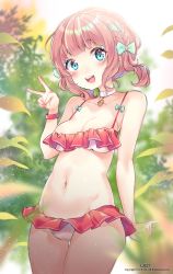 Rule 34 | 1girl, aqua eyes, bad id, bad pixiv id, bare arms, bare shoulders, bikini, blurry, blurry background, blush, bow, braid, breasts, character request, cleavage, collar, collarbone, commentary request, copyright request, detached collar, green eyes, hair bow, happy, heart, highres, looking at viewer, medium breasts, navel, outdoors, pink bikini, short hair, solo, swimsuit, teeth, upper teeth only, urim (paintur), v, white bow, white collar
