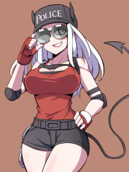 Rule 34 | 1girl, adjusting eyewear, adjusting glasses, alternate costume, aviator sunglasses, baseball cap, breasts, clothes writing, commentary request, cuffs, demon girl, demon horns, demon tail, elbow pads, english text, eyes visible through eyewear, fingerless gloves, gloves, hand on own hip, handcuffs, hat, helltaker, highres, horns, horns through headwear, jin (mugenjin), justice (helltaker), large breasts, long hair, looking at viewer, red shirt, shirt, shorts, simple background, sleeveless, sleeveless shirt, smile, solo, sunglasses, tail, tank top, thighs, tinted eyewear, white hair
