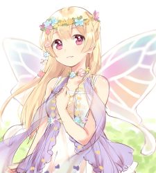 Rule 34 | 1girl, bang dream!, blonde hair, clenched hand, cross-laced clothes, dress, fairy wings, flower, flower necklace, half updo, hand on own chest, head wreath, highres, jewelry, komachi narota, long hair, looking at viewer, necklace, parted lips, purple eyes, shawl, shirasagi chisato, solo, wings