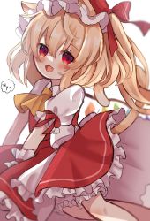 Rule 34 | 1girl, absurdres, animal ears, ascot, blonde hair, blush, bow, cat ears, cat girl, cat tail, collared shirt, commentary, crystal, dorowa (drawerslove), fang, feet out of frame, flandre scarlet, frilled skirt, frills, hair between eyes, hat, hat ribbon, highres, kemonomimi mode, looking at viewer, medium hair, mob cap, nyan, one side up, puffy short sleeves, puffy sleeves, red bow, red eyes, red skirt, red vest, ribbon, shirt, short sleeves, skirt, solo, speech bubble, tail, touhou, vest, white background, white hat, wings, yellow ascot