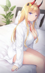 1girl, ahoge, azur lane, bangs, bare legs, bed, blonde hair, bow, breasts, cleavage, closed mouth, eyebrows visible through hair, hair bow, highres, horns, indoors, kumano (azur lane), kyousaki nao, long sleeves, medium breasts, nail polish, on bed, oni horns, pillow, plant, purple eyes, red nails, red neckwear, shirt, sitting, sitting on bed, solo, white shirt