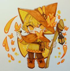 Rule 34 | belt, blonde hair, bug, butterfly, cape, chibi, full body, hat, holding, holding staff, insect, lantern, limbus company, miplimbus, project moon, shoes, short hair, simple background, sinclair (project moon), staff, white background, witch hat, yellow eyes
