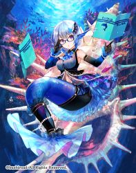 Rule 34 | 1girl, blue hair, blush, breasts, bushiroad, cardfight!! vanguard, character request, company name, fins, fish, fuzichoco, glasses, head fins, large breasts, looking at viewer, mermaid, monster girl, parted lips, purple eyes, short hair, solo, underwater