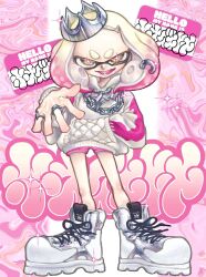 Rule 34 | 1girl, blonde hair, bright pupils, chain, chain necklace, commentary request, cross-laced footwear, crown, fangs, full body, glint, gradient hair, hand in pocket, highres, hood, hoodie, inkling, jewelry, kanzaki akira, long sleeves, looking at viewer, medium hair, mole, mole under mouth, multicolored hair, multiple necklaces, multiple rings, name tag, necklace, nintendo, open mouth, outstretched arm, pearl (splatoon), pink hair, pink shorts, ring, ring hair ornament, shoes, shorts, sneakers, solo, splatoon (series), splatoon 2, star-shaped pupils, star (symbol), suction cups, symbol-shaped pupils, tentacle hair, thick eyebrows, two-tone hair, v-shaped eyebrows, white footwear, white hoodie, white pupils, yellow eyes