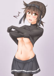 Rule 34 | 1girl, ^^^, anti (untea9), black pantyhose, black shirt, breasts, brown eyes, brown hair, clothes writing, commentary request, cowboy shot, gloves, gradient background, grey background, grey skirt, hachimaki, hair flaps, hatsuzuki (kancolle), headband, highres, kantai collection, medium breasts, navel, pantyhose, pleated skirt, shirt, short hair, skirt, solo, turtleneck, underboob, undressing