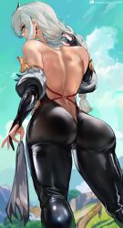 Rule 34 | 1girl, aqua nails, ass, back, backless outfit, bare shoulders, black bodysuit, blue eyes, blush, bodysuit, cameltoe, earrings, from behind, genshin impact, glance, hair ornament, highres, holding, huge ass, jewelry, long hair, looking at viewer, looking back, loooyd, nail polish, outdoors, patreon username, shenhe (genshin impact), solo, thighs, wide hips