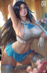 Rule 34 | 1girl, absurdres, arm up, armpits, black hair, blue eyes, blue neckerchief, blurry, blurry background, breasts, covered erect nipples, crop top, gloves, highres, invincible dragon (last origin), large breasts, last origin, long hair, microskirt, navel, neckerchief, nopeys, revealing clothes, sailor collar, skirt, solo, thighhighs, white gloves, white headwear, white thighhighs
