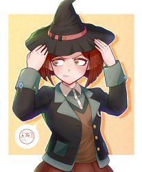Rule 34 | 1girl, arms up, black hat, blush, brown vest, closed mouth, commentary request, cowboy shot, danganronpa (series), danganronpa v3: killing harmony, dress shirt, emoji, grey shirt, hat, heart, heart-shaped eyes, highres, jacket, kirin (suzoke 1), long sleeves, open clothes, open jacket, orange background, outline, pleated skirt, red eyes, red hair, red skirt, shirt, short hair, sideways glance, skirt, solo, speech bubble, vest, white outline, white shirt, witch hat, yumeno himiko