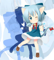 Rule 34 | 1girl, :3, animal ears, animal hands, bad id, bad pixiv id, bell, blue dress, blue eyes, blue hair, blue skirt, bow, cat ears, cat tail, cirno, collar, dress, gloves, heart, kemonomimi mode, matching hair/eyes, neck bell, one eye closed, oniku (shimofuri-ke), paw gloves, shirt, short hair, short sleeves, skirt, solo, tail, tail bow, tail ornament, touhou, wink, zoom layer