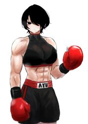 Rule 34 | 1girl, abs, absurdres, bare shoulders, black eyes, black hair, black shorts, boxing gloves, breasts, closed mouth, commentary, english commentary, hair over one eye, hand up, highres, looking at viewer, medium breasts, original, short hair, shorts, simple background, solo, white background, yoemi