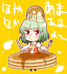 Rule 34 | 1girl, :&lt;, ascot, butter, chibi, female focus, food, food on head, fork, green hair, in food, kairakuen umenoka, kazami yuuka, knife, mini person, minigirl, object on head, outstretched arms, pancake, plaid, plaid vest, red eyes, solo, spread arms, syrup, touhou, vest