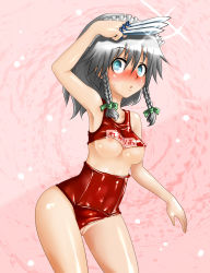 Rule 34 | 1girl, bad id, bad pixiv id, bikini, blue eyes, blush, braid, breasts, clothing aside, female focus, grey hair, harusame (unmei no ikasumi), highres, izayoi sakuya, knife, maid, maid headdress, name tag, nipples, nose blush, one-piece swimsuit, pussy, red bikini, school swimsuit, short hair, solo, swimsuit, swimsuit aside, throwing knife, touhou, twin braids, uncensored, undersized clothes, weapon