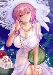 Rule 34 | 1girl, alternate costume, bracelet, breasts, cleavage, dress, drinking straw, hand on lap, highres, jewelry, large breasts, looking at viewer, necklace, open mouth, pink eyes, pink hair, saigyouji yuyuko, saigyouji yuyuko (seamless swimsuit ghost), short hair, shounen (hogehoge), solo, teeth, touhou, touhou lostword, upper teeth only, variant set, white dress, white headwear